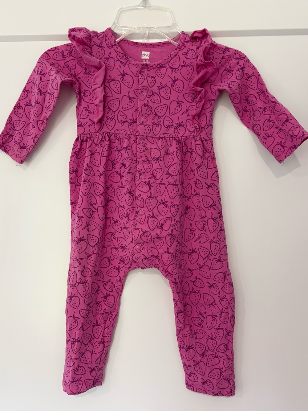 Tea Collection Pink Strawberry Long Sleeve Jumpsuit Romper 12-18 months